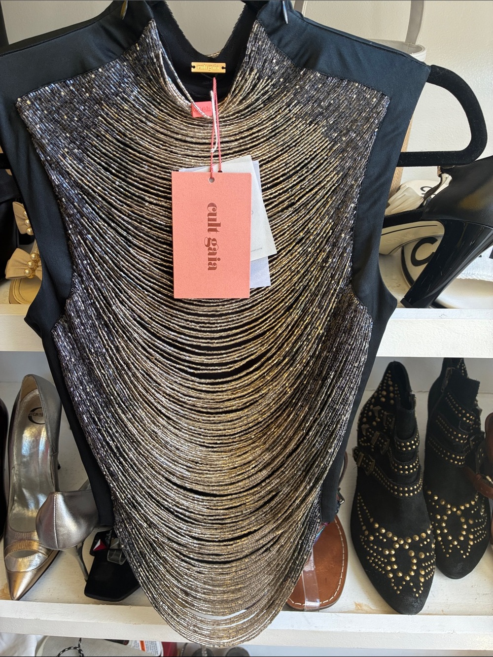 Cult Gaia Black Top with Silver Metallic Draped Front